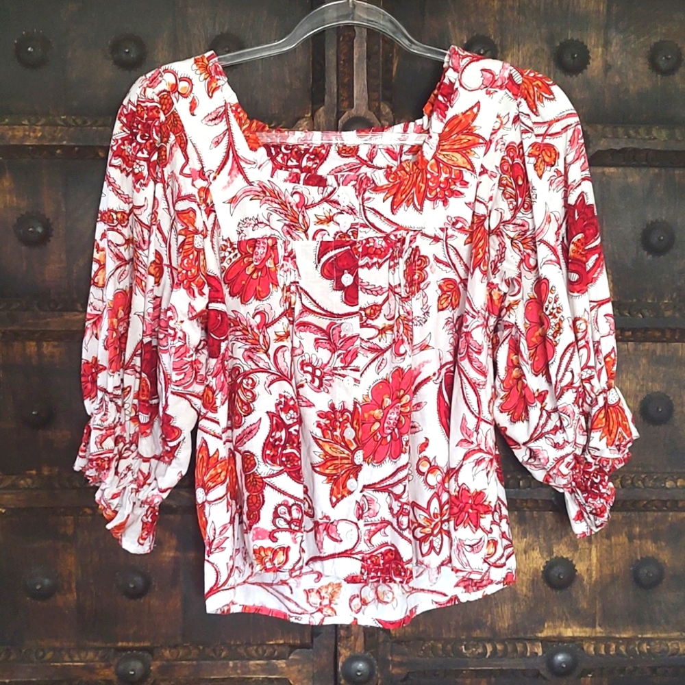 Nicole Miller Women Linen Blend Floral Square Neck 3/4 Sleeve Blouse Size Small